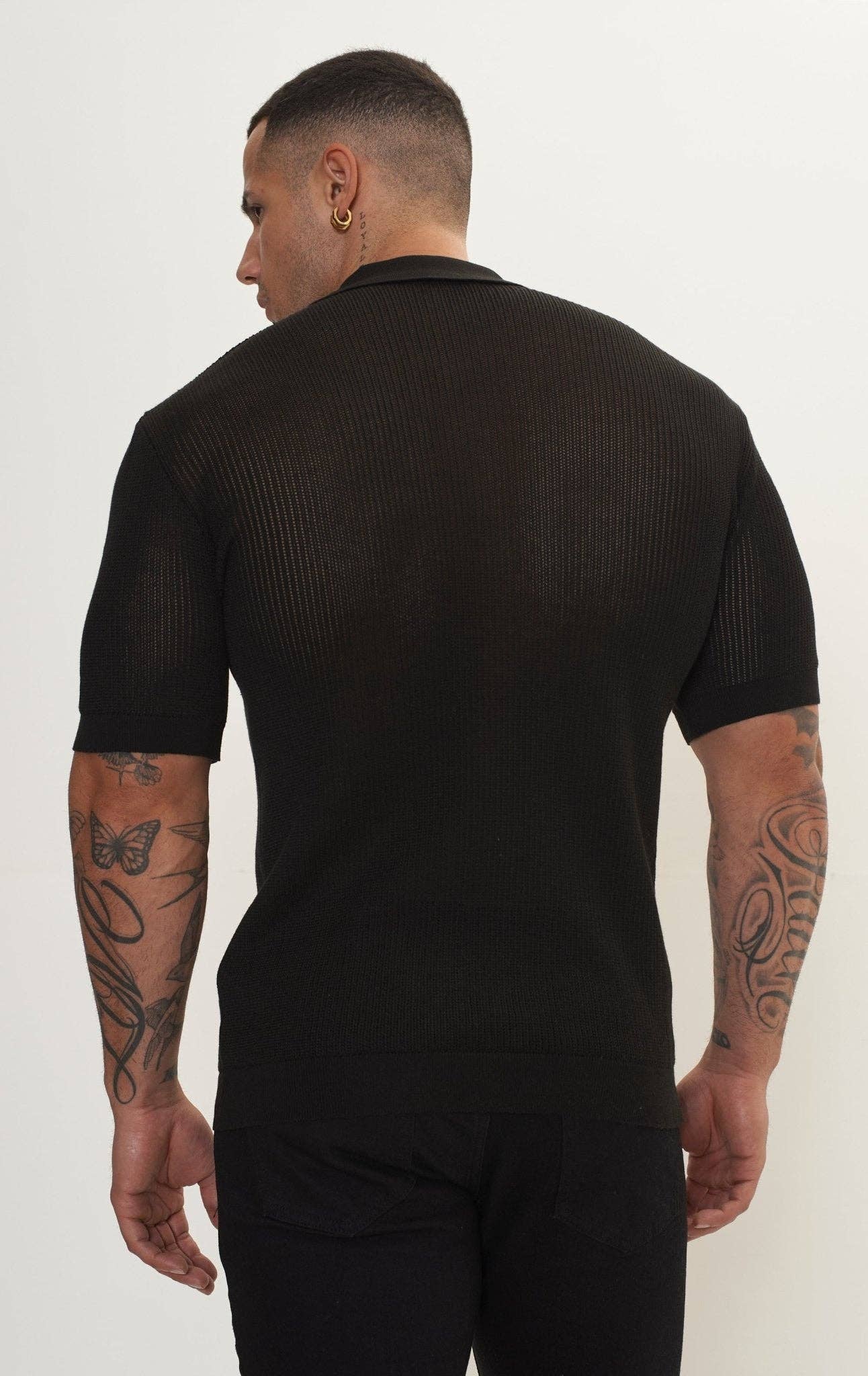 Men’s Sheer Button-Down Knit Top – Black
