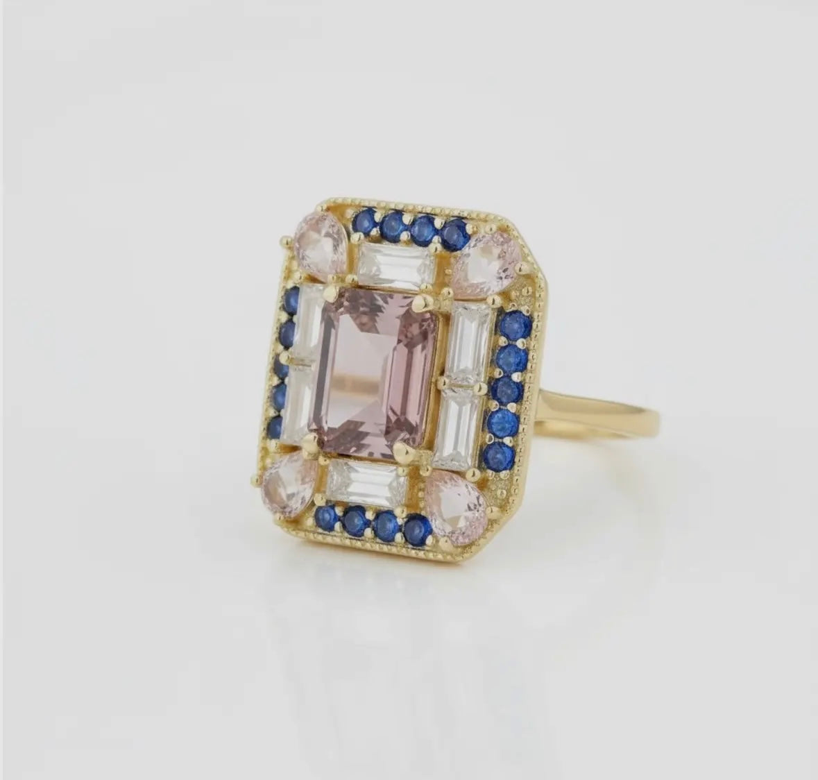 Art Deco Sapphire & Morganite Cocktail Ring | Vintage-Inspired Statement Ring