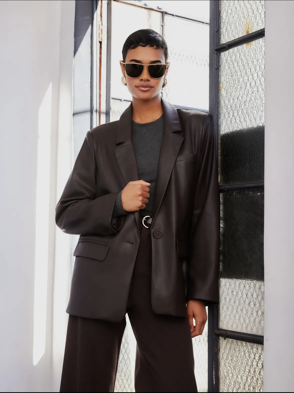 Regan Faux Leather Blazer – Chocolate Brown