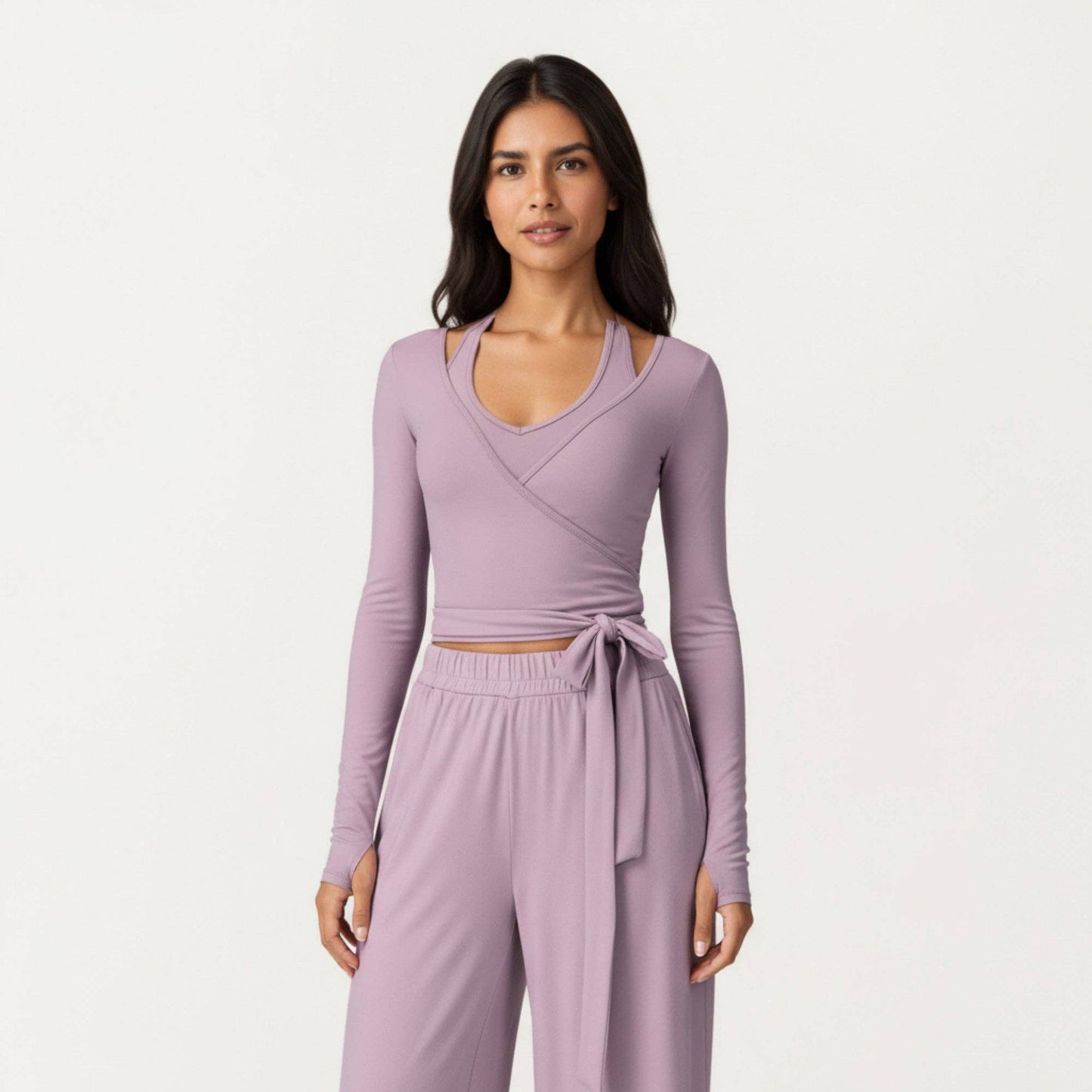 V-Neck Belted Waist Layering Piece Outwear with Front Tie De