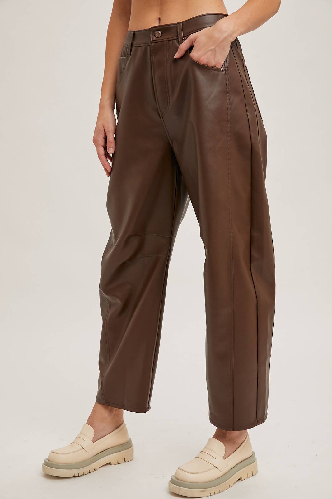 VEGAN LEATHER BARREL PANTS