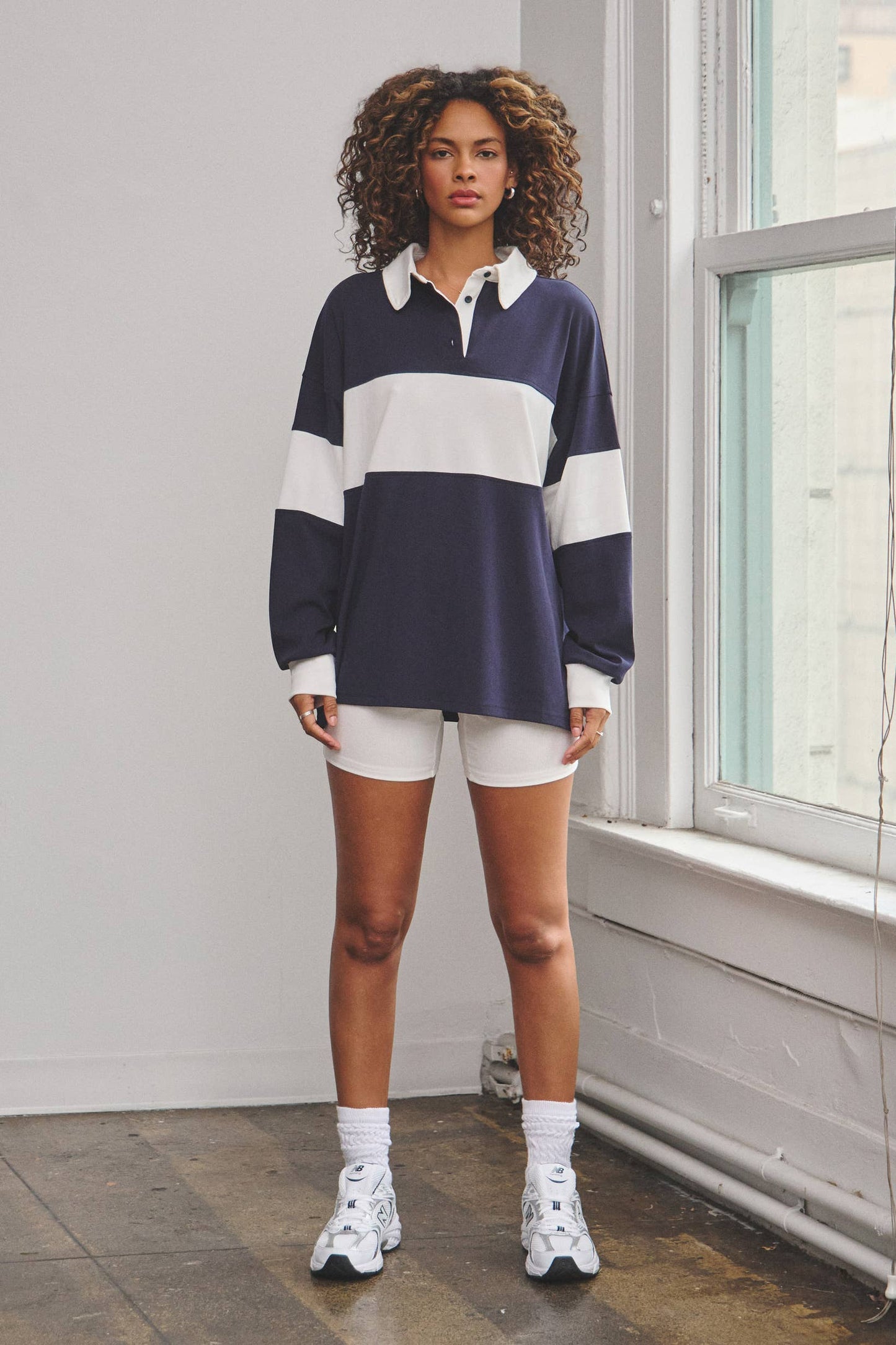 Stripe rugby polo top & biker shorts set