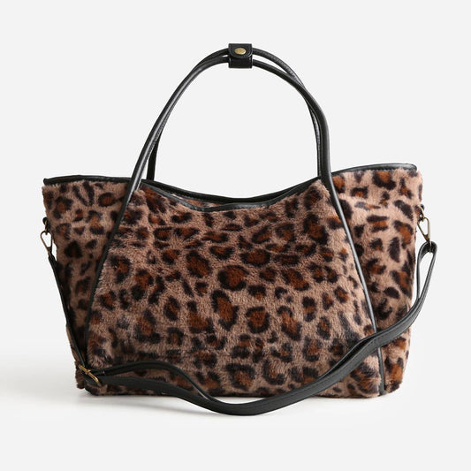 Leopard Pattern Faux Fur Shoulder Tote Bag