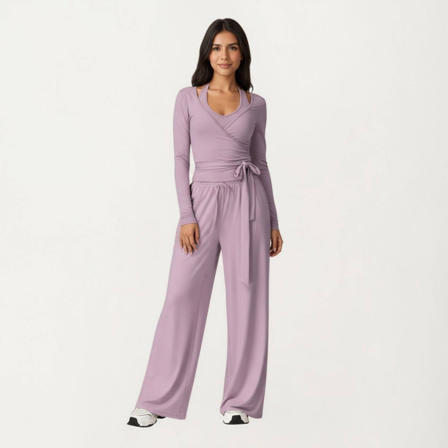 V-Neck Belted Waist Layering Piece Outwear with Front Tie De