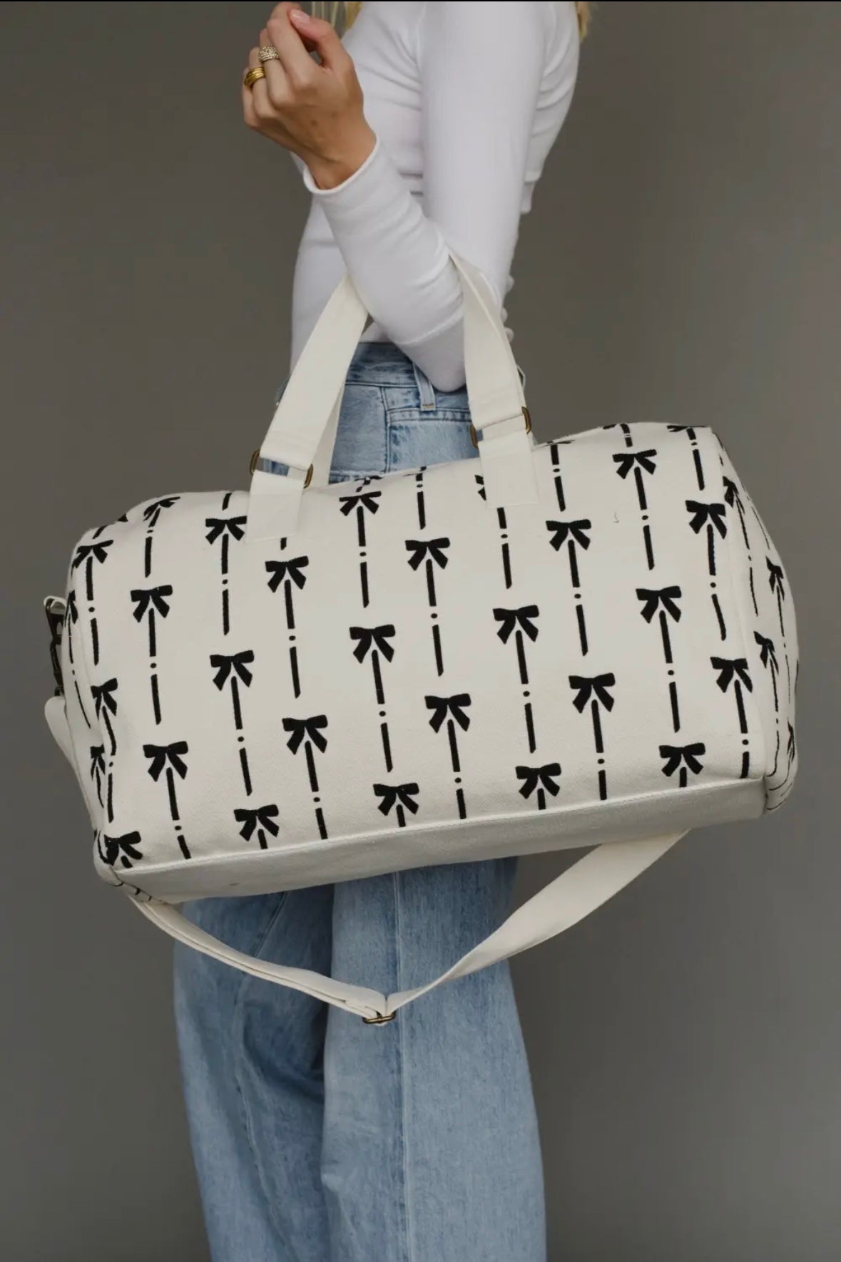 White & Black Bow Print Canvas Duffle Bag