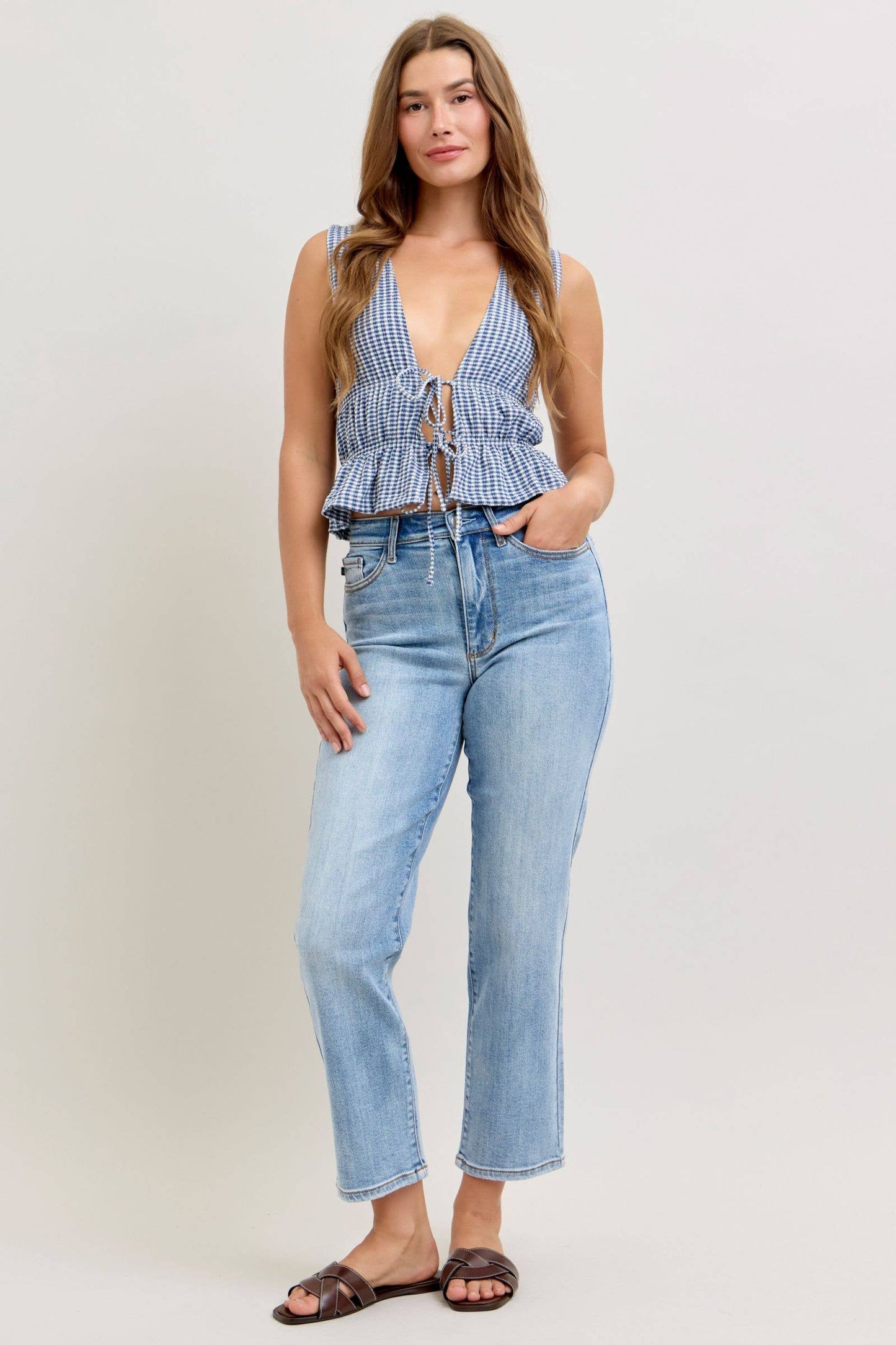 Judy Blue High Waist Classic Light Wash Ankle Straight Jeans, Inseam 28"