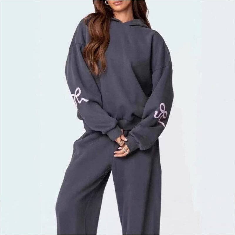 Fleece Hooded Bow Print Sweatsuit
