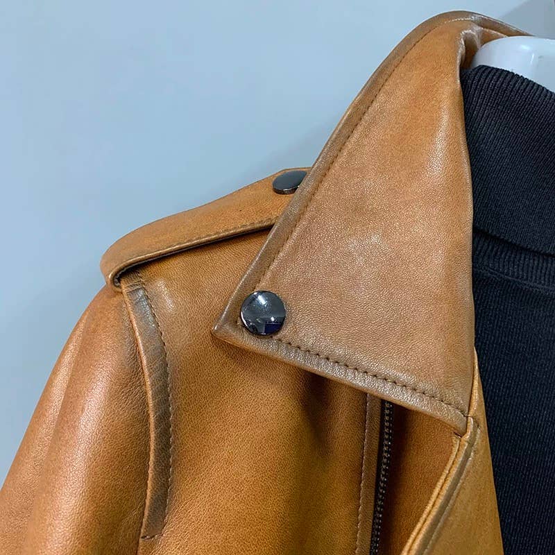 JK303L Vintage Short Lambskin Leather Biker Jacket Women