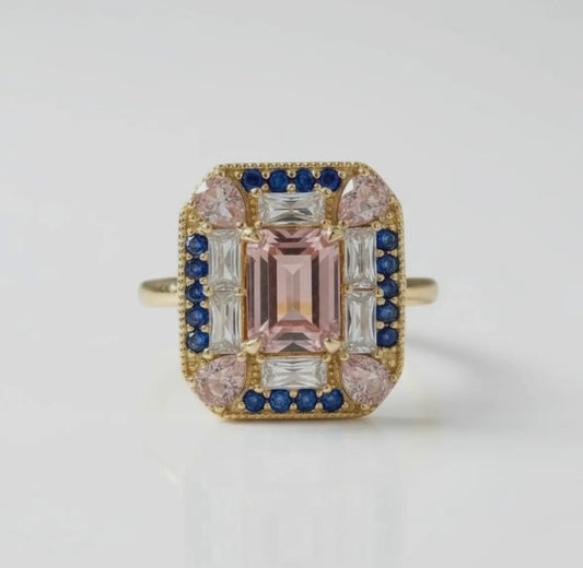 Art Deco Sapphire & Morganite Cocktail Ring | Vintage-Inspired Statement Ring