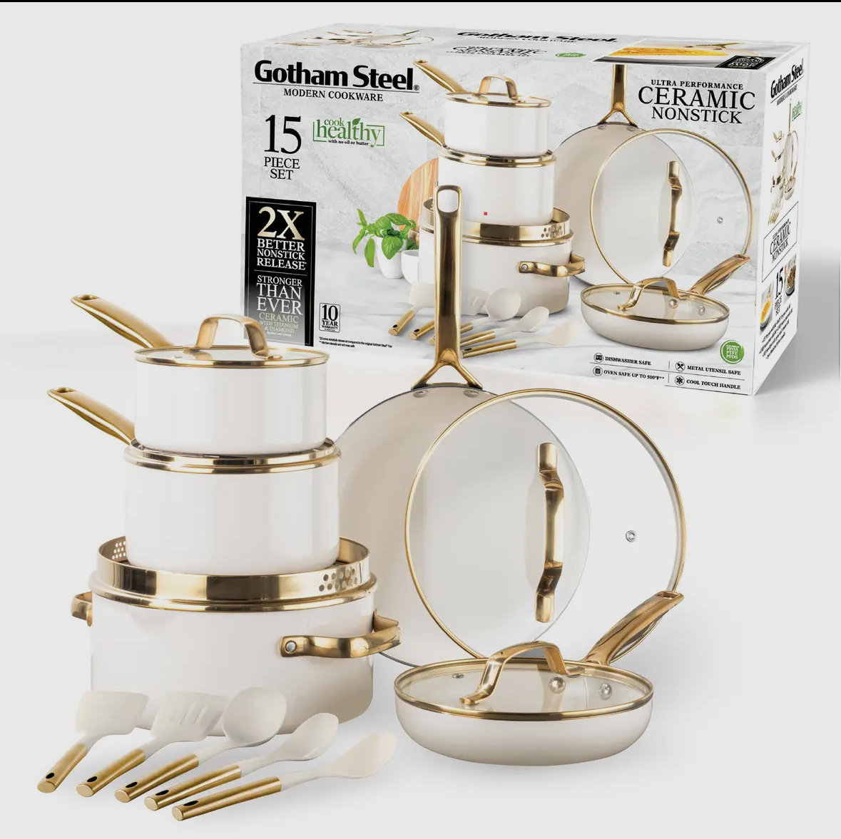 15-Piece White & Gold Ceramic Nonstick Cookware Set – Gotham Steel / Granitestone