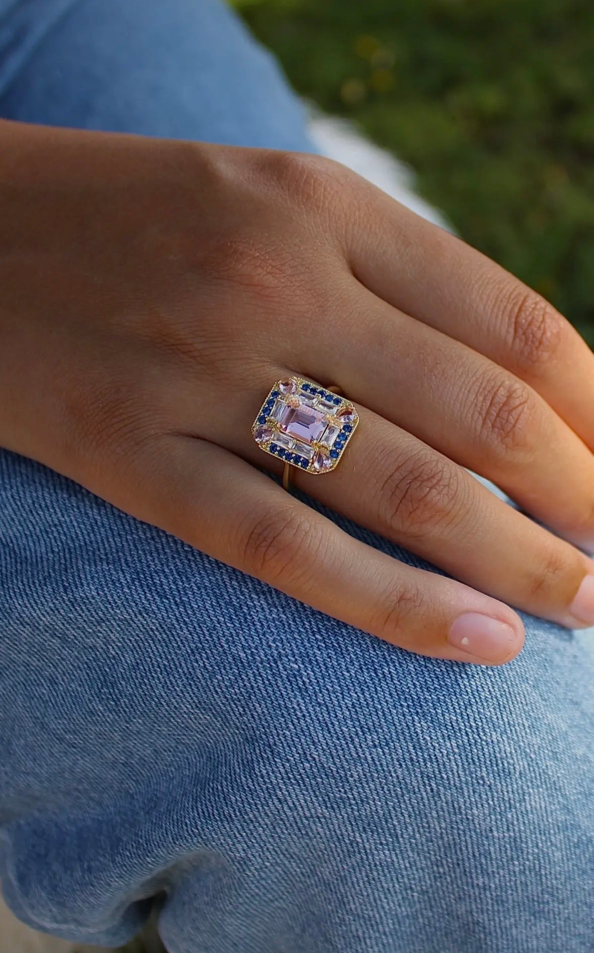 Art Deco Sapphire & Morganite Cocktail Ring | Vintage-Inspired Statement Ring