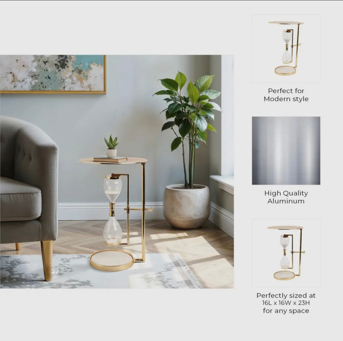 Metal Modern Hourglass Side Table – Gold Accent Table with Marble Detail