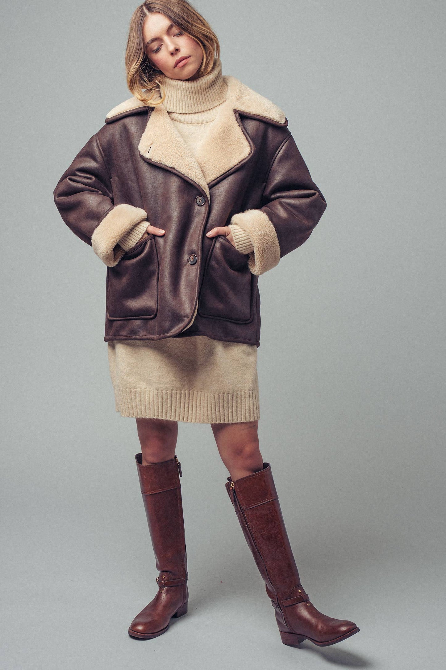 Oversized Aviator Jacket – Faux Leather with Shearling
