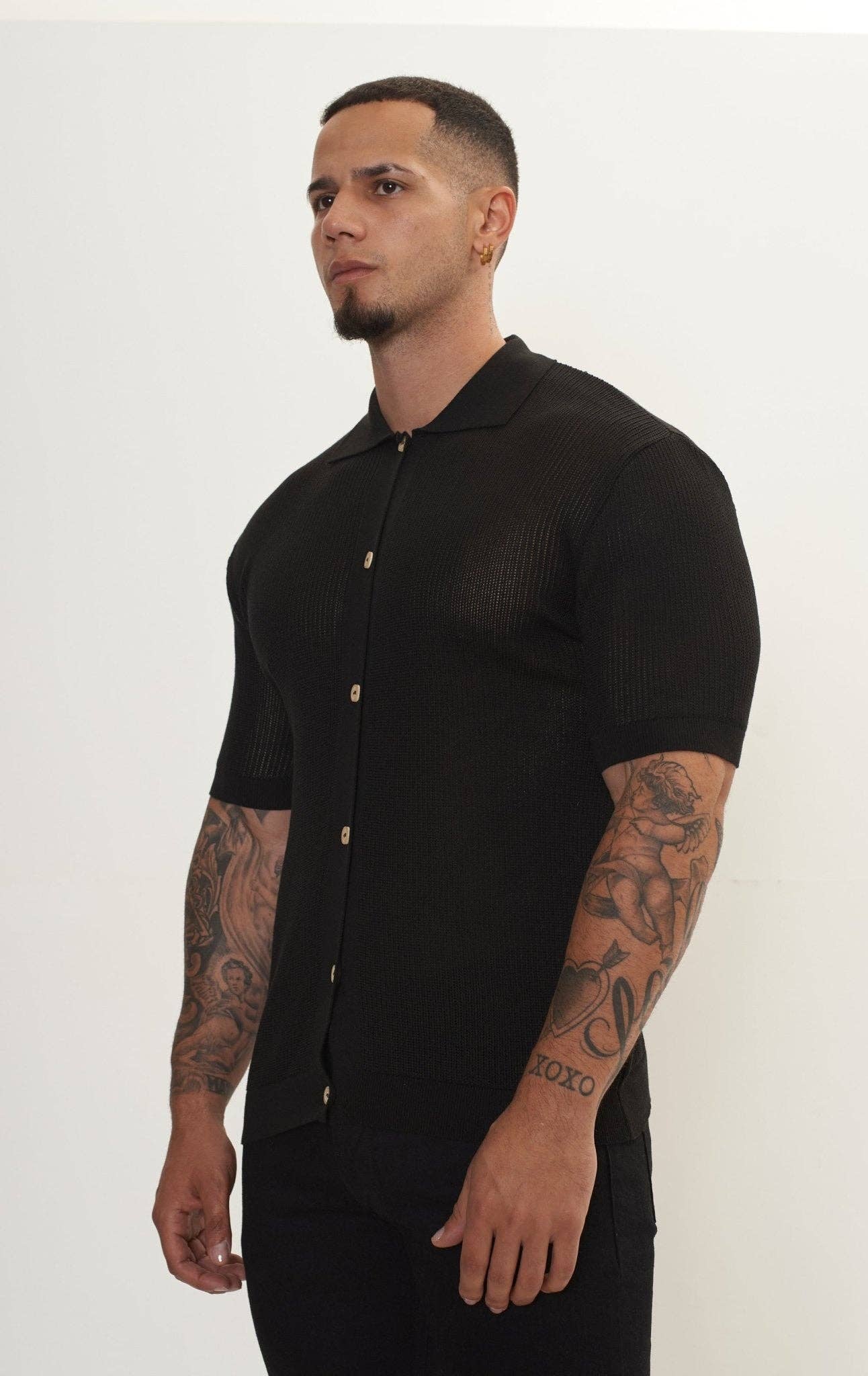 Men’s Sheer Button-Down Knit Top – Black