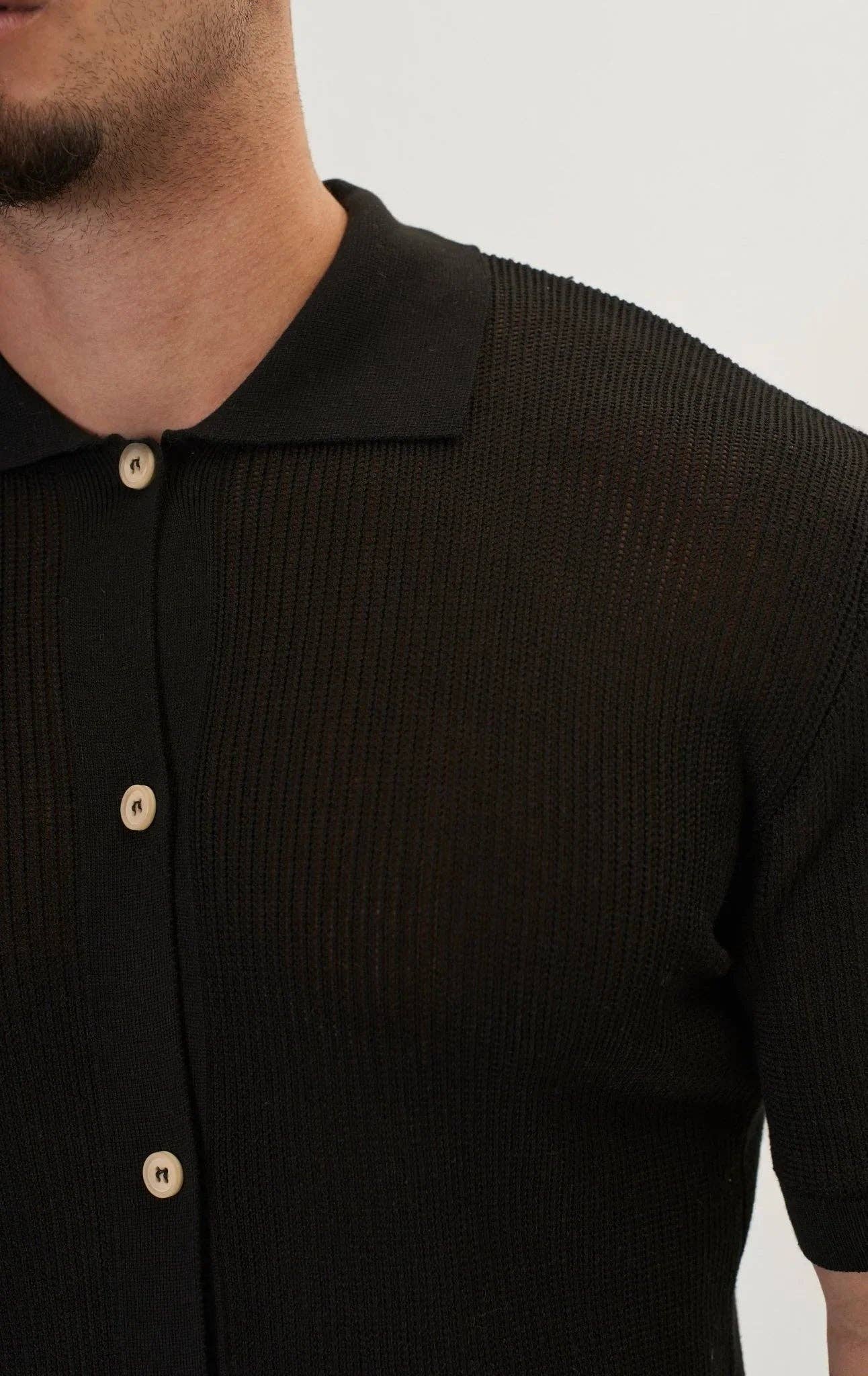Men’s Sheer Button-Down Knit Top – Black