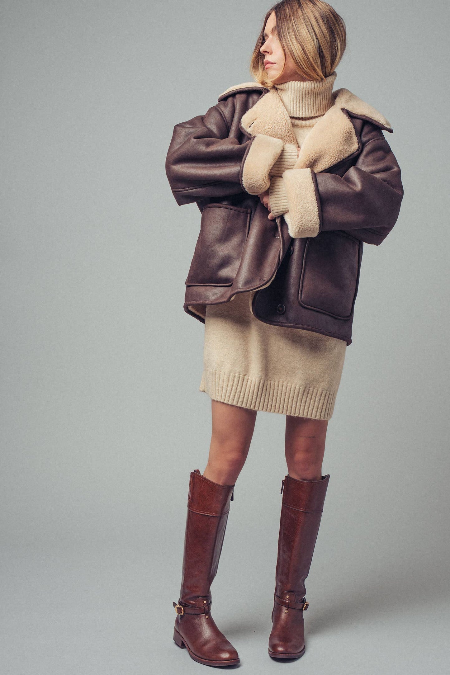 Oversized Aviator Jacket – Faux Leather with Shearling