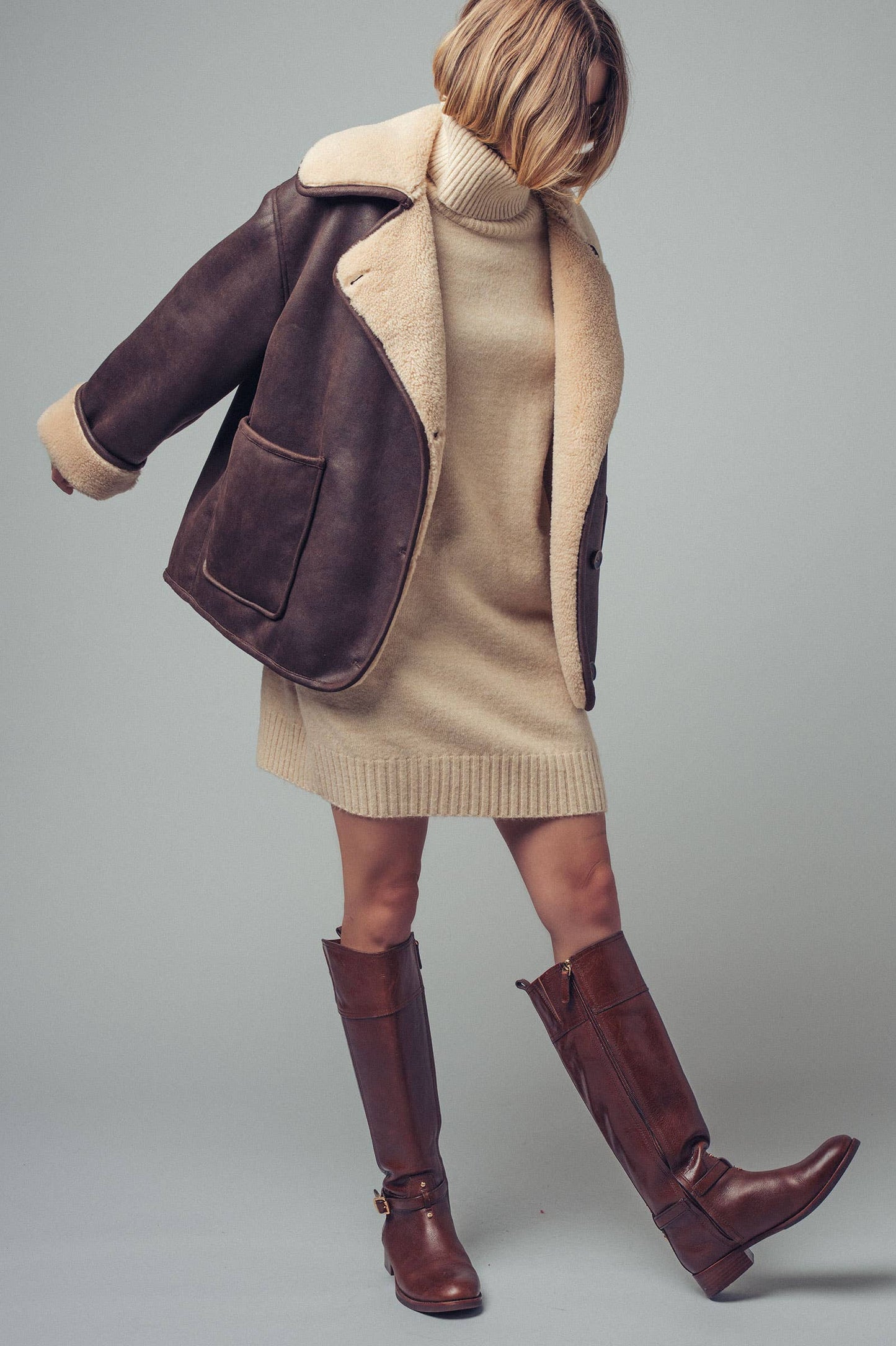 Oversized Aviator Jacket – Faux Leather with Shearling