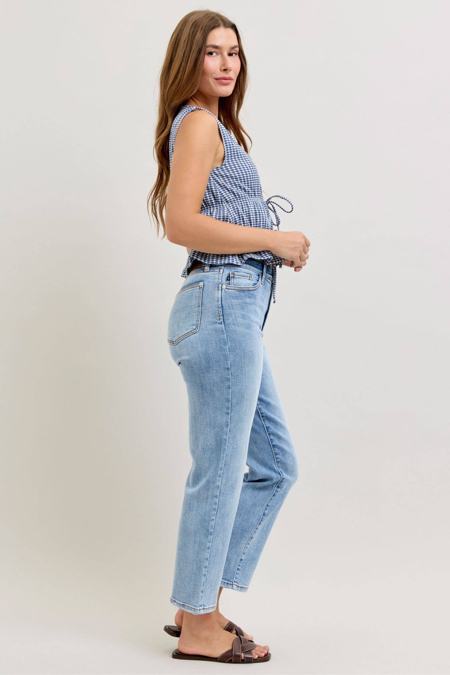 Judy Blue High Waist Classic Light Wash Ankle Straight Jeans, Inseam 28"