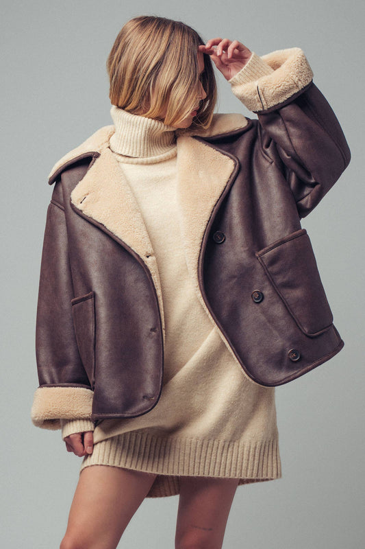 Oversized Aviator Jacket – Faux Leather with Shearling