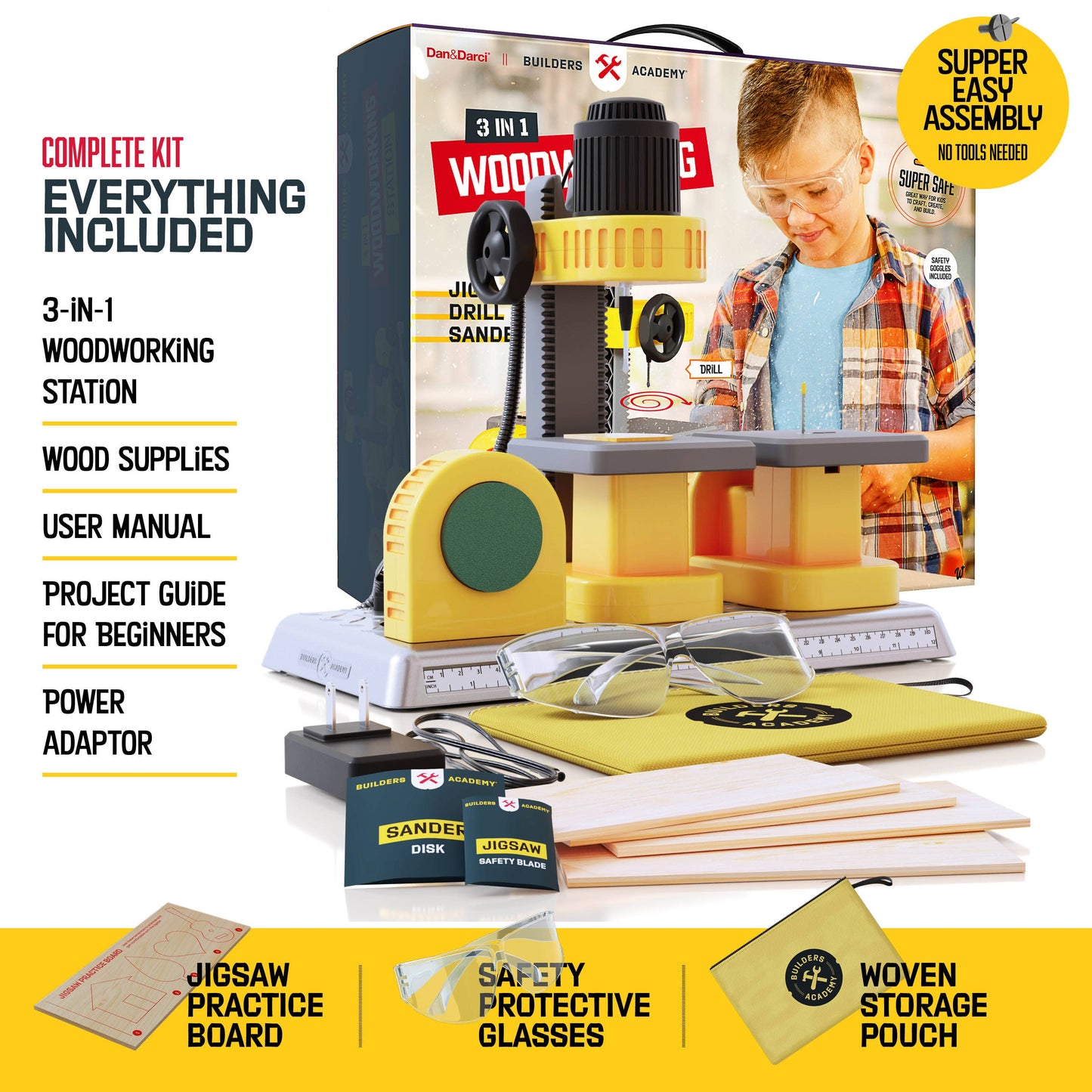 3-in-1 Woodworking Station for Kids Real Construction Tools