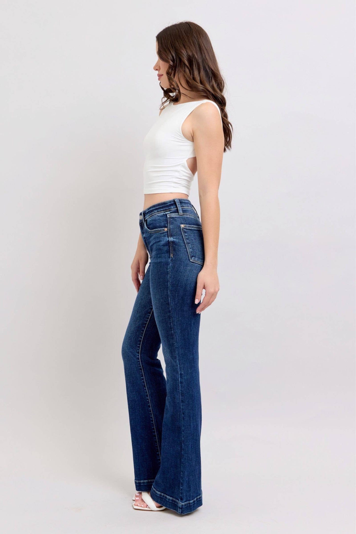Judy Blue High Waist Dark Wash Trouser Flare: Inseam 33.5”