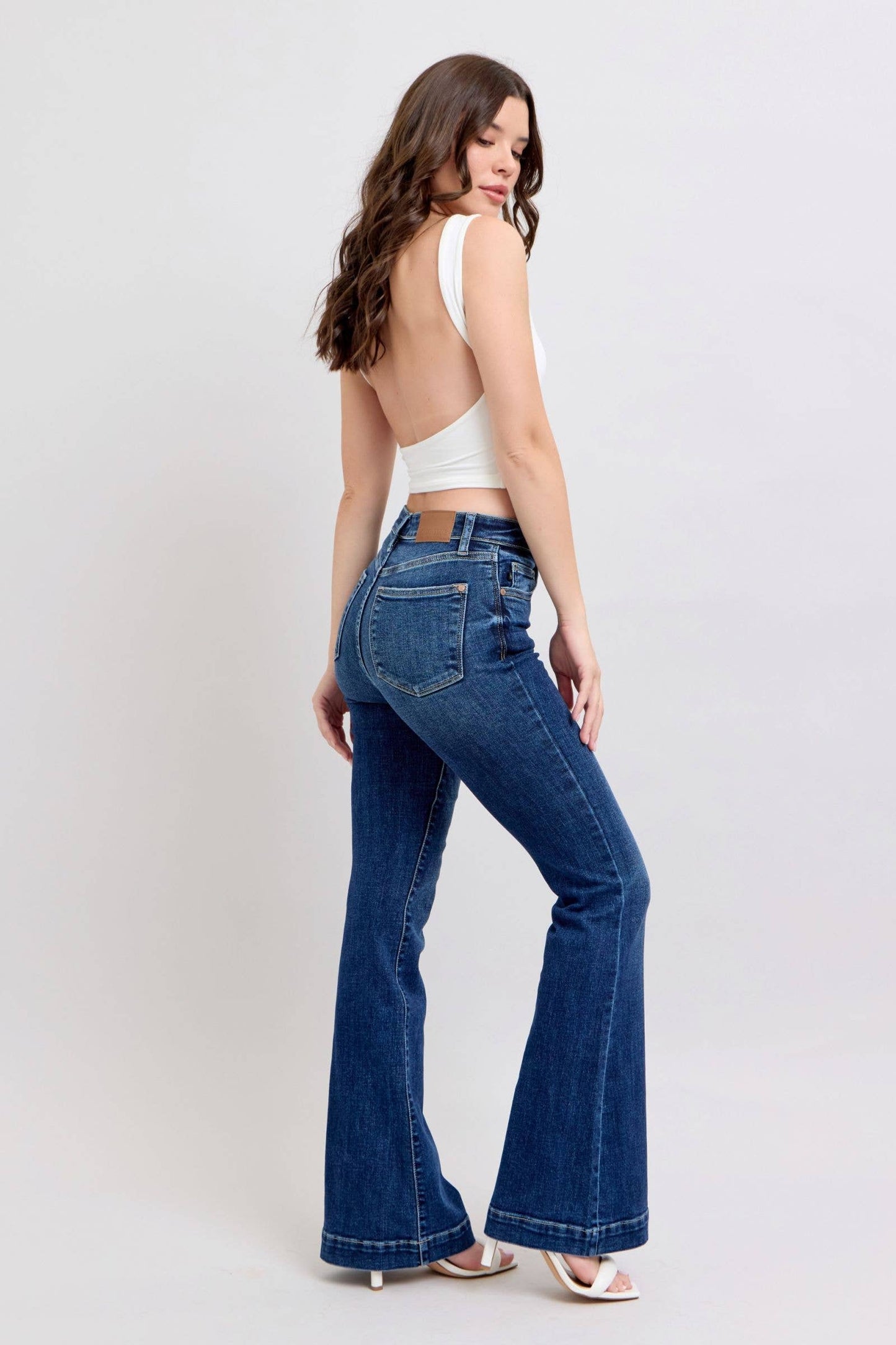 Judy Blue High Waist Dark Wash Trouser Flare: Inseam 33.5”