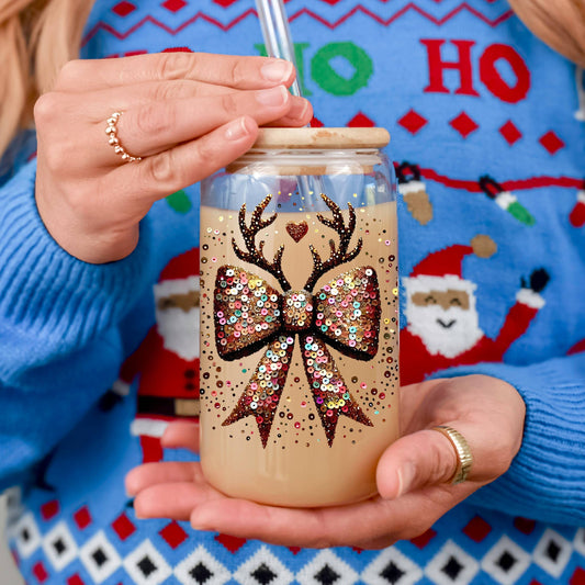 Christmas Sequin Coquette Bow & Antler Glass Cup Glitter