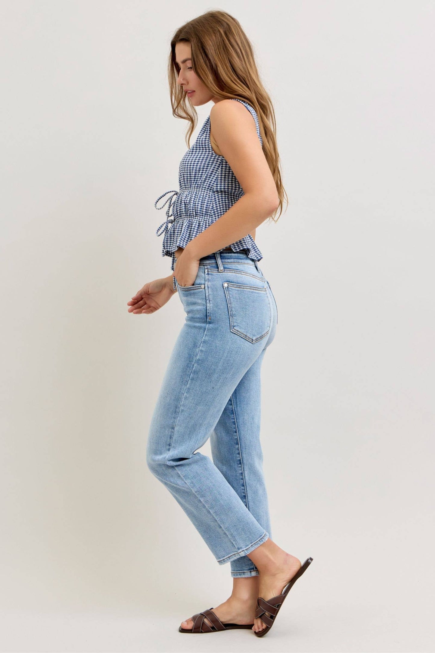 Judy Blue High Waist Classic Light Wash Ankle Straight Jeans, Inseam 28"