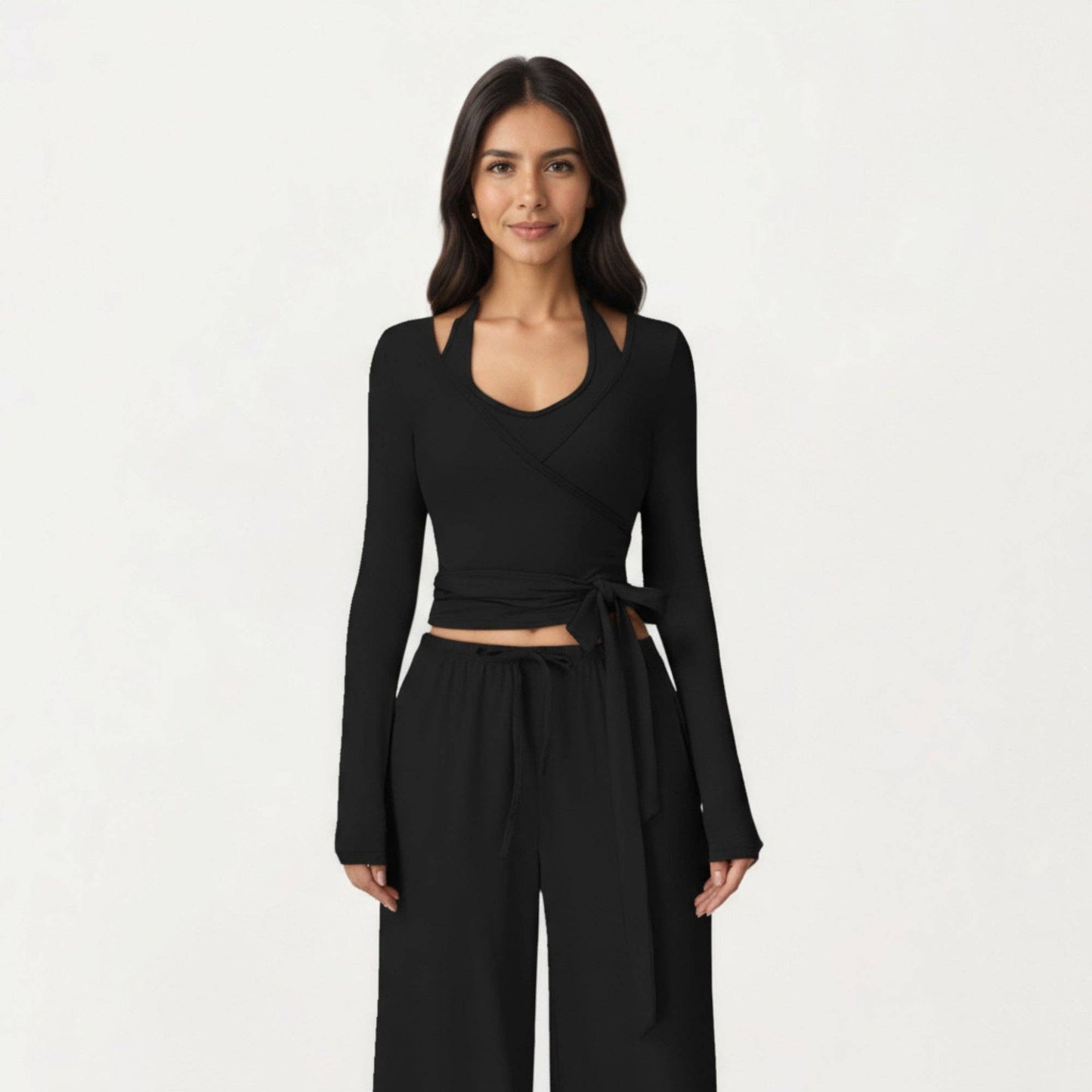 V-Neck Belted Waist Layering Piece Outwear with Front Tie De