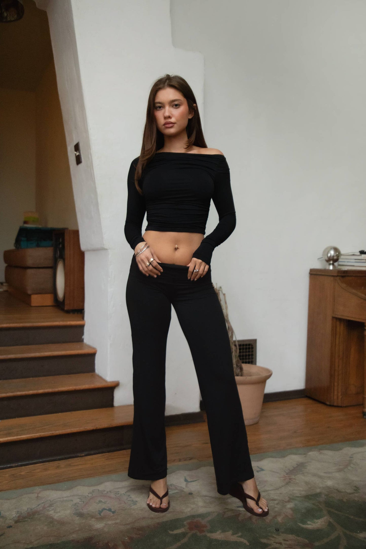 JOLINA Boat Neckline Basic Casual Lounge Long Sleeve Top