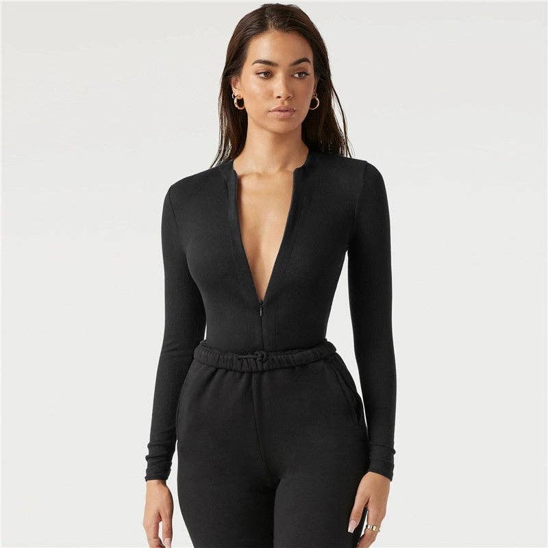 Long Sleeve Zipper Knit Bodysuit – Black / Coffee / Khaki