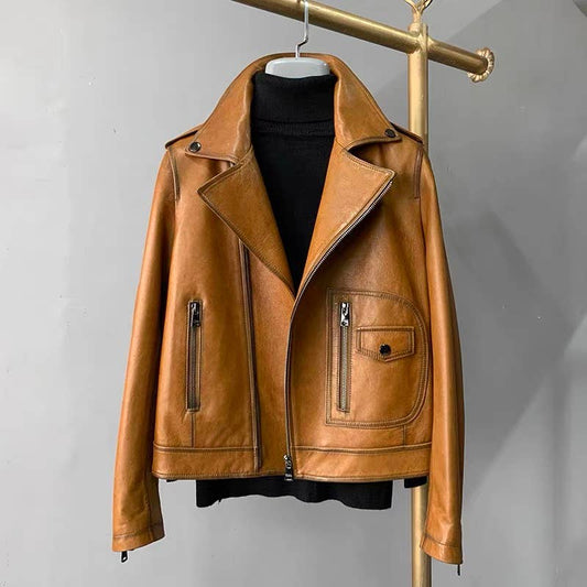 JK303L Vintage Short Lambskin Leather Biker Jacket Women