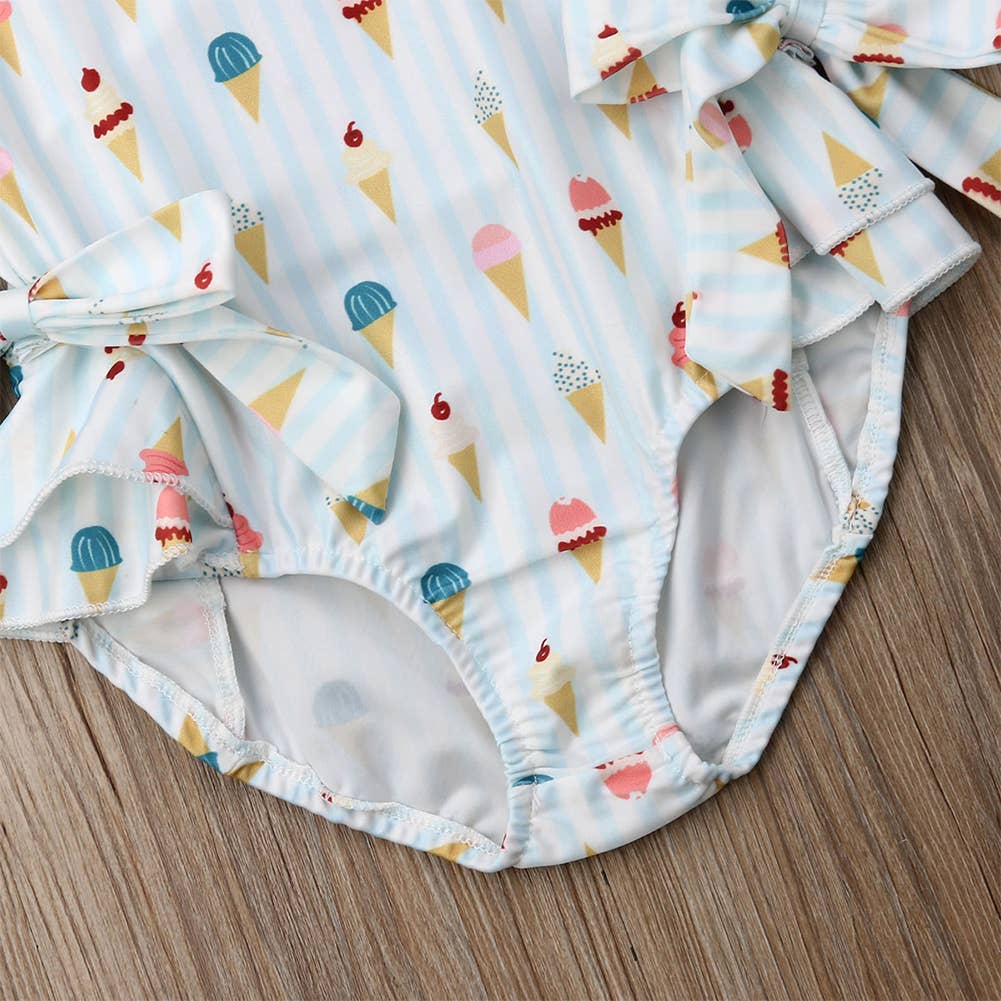 Ice Cream Bowknot Ruffled Light Blue 1pcs Girl Swimsuit