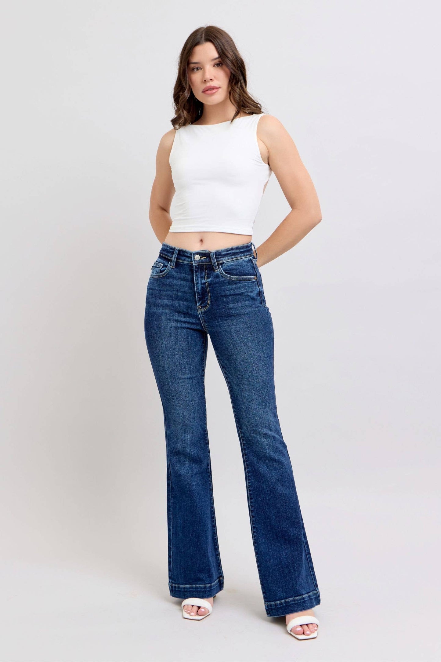 Judy Blue High Waist Dark Wash Trouser Flare: Inseam 33.5”