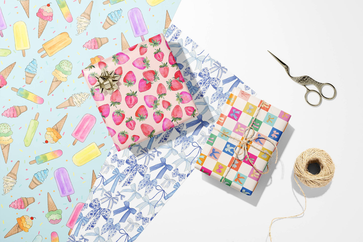 🍦 Ice Cream Wrapping Paper – 3 Sheet Set