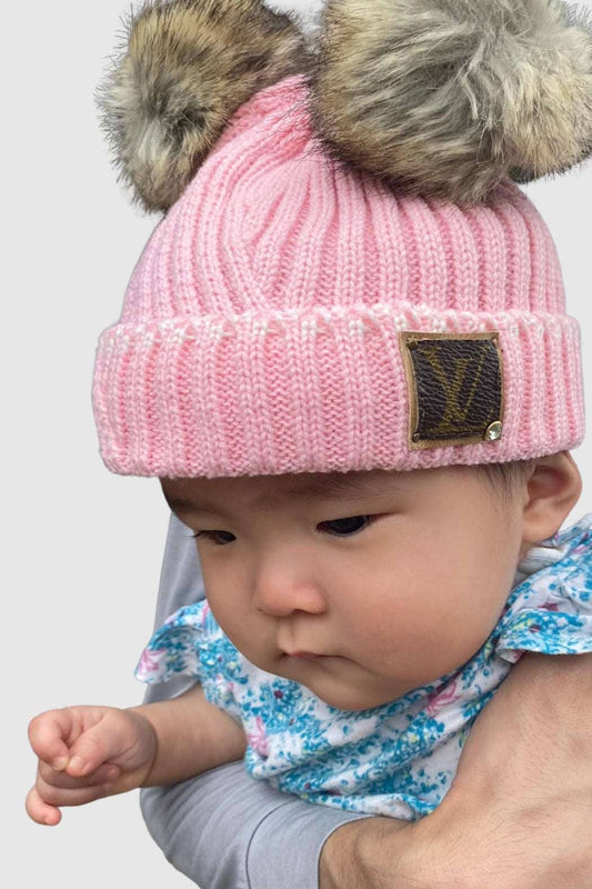 👶✨ Upcycled Baby Beanie – Pink with Faux Fur Pom Poms