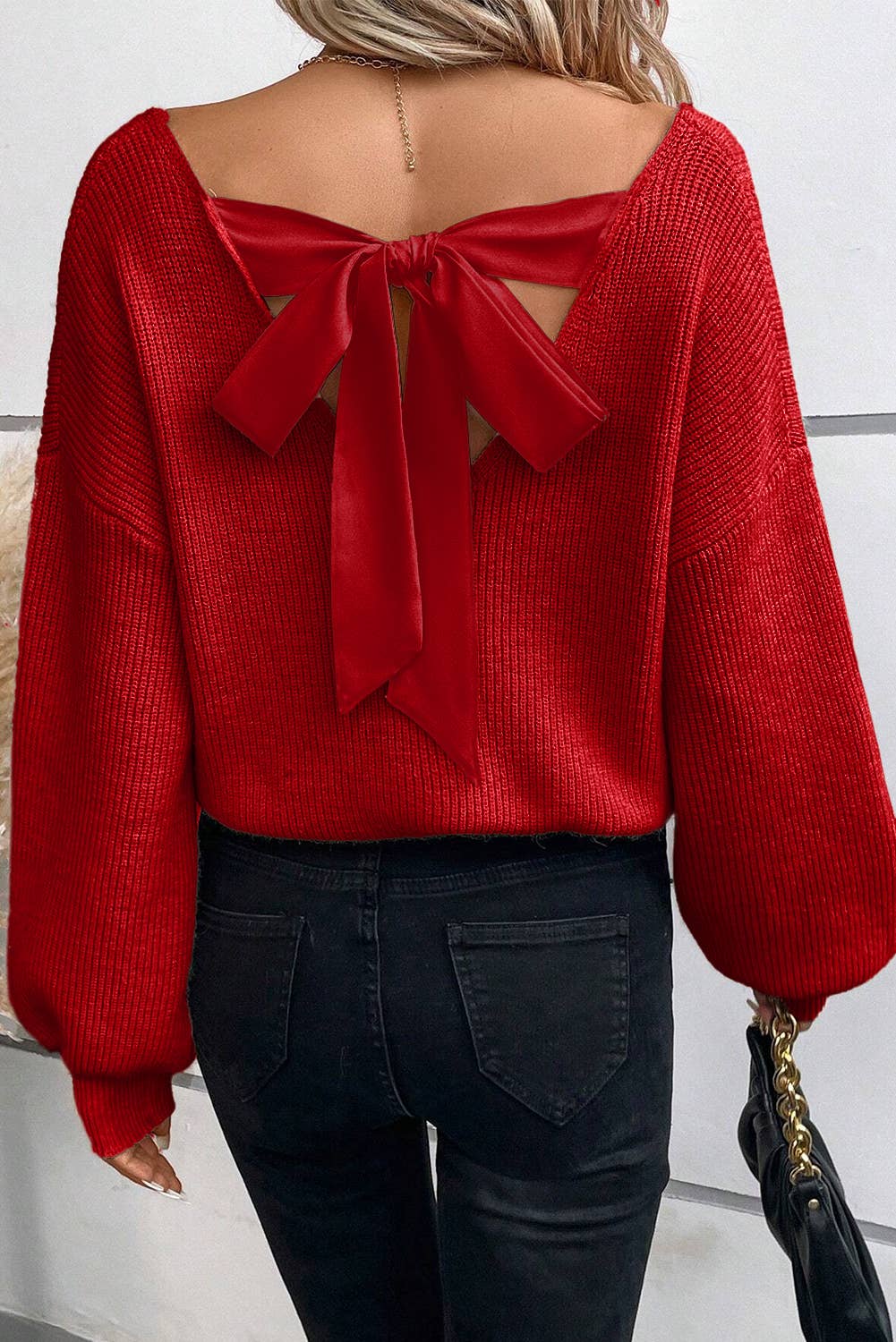 Red Lantern Sleeve V Neck Knot Back Sweater
