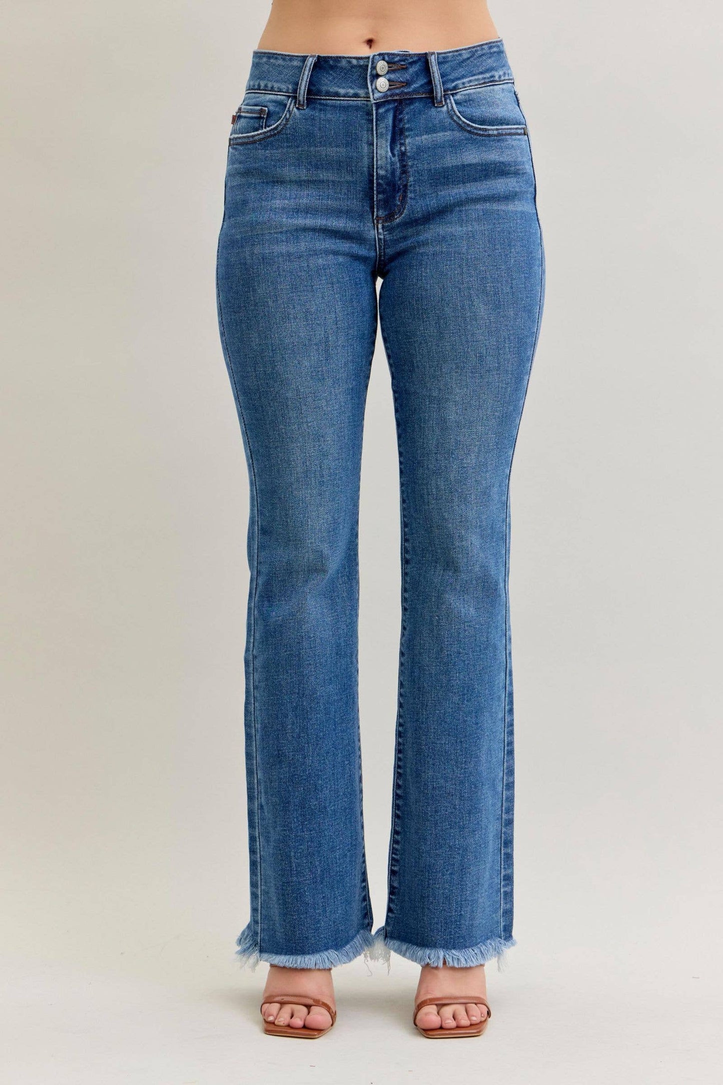 Judy Blue High Waist Double Button Fray Hem Bootcut, 32” Inseam