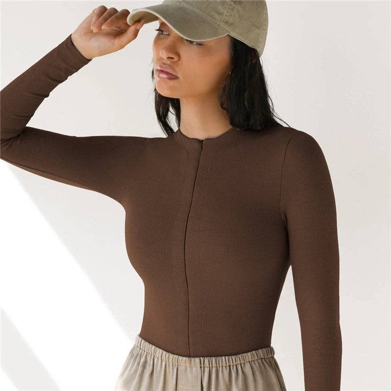 Long Sleeve Zipper Knit Bodysuit – Black / Coffee / Khaki