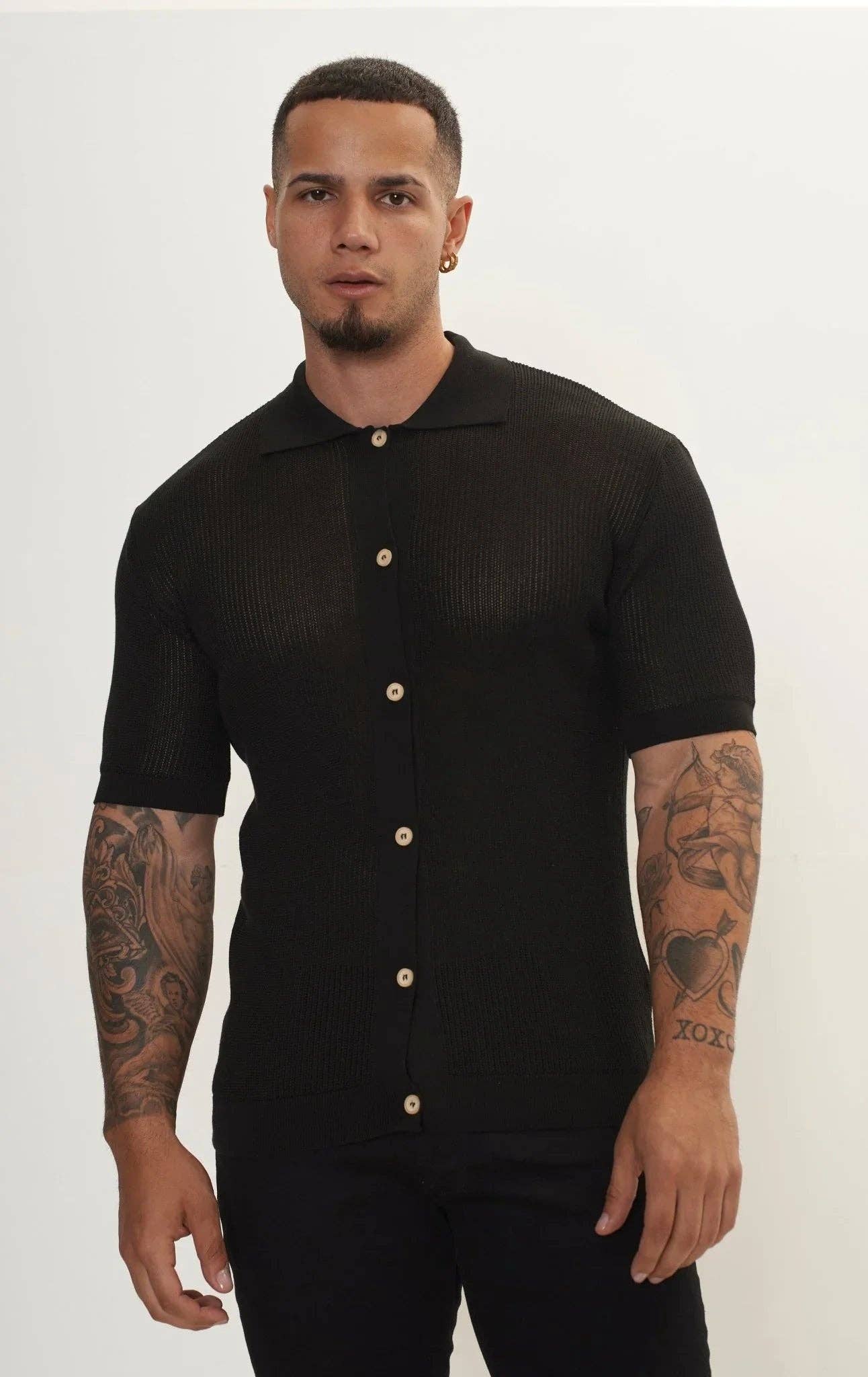 Men’s Sheer Button-Down Knit Top – Black