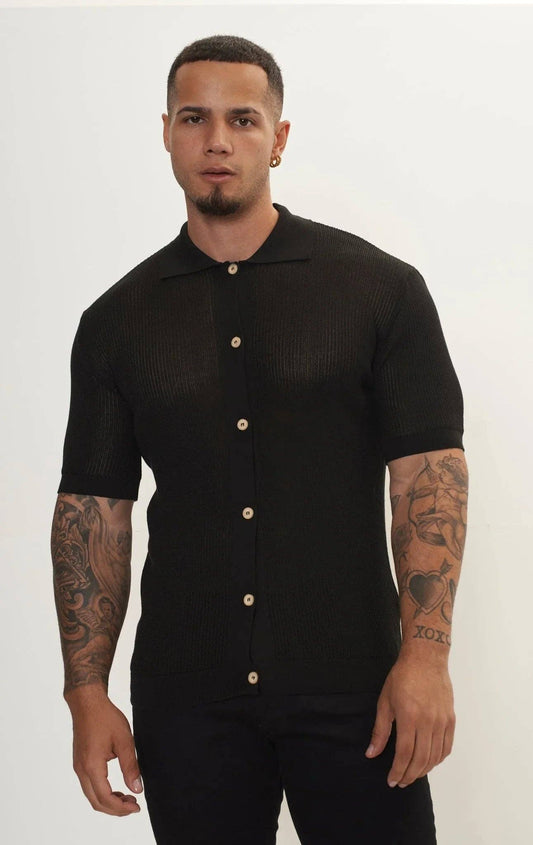 Men’s Sheer Button-Down Knit Top – Black