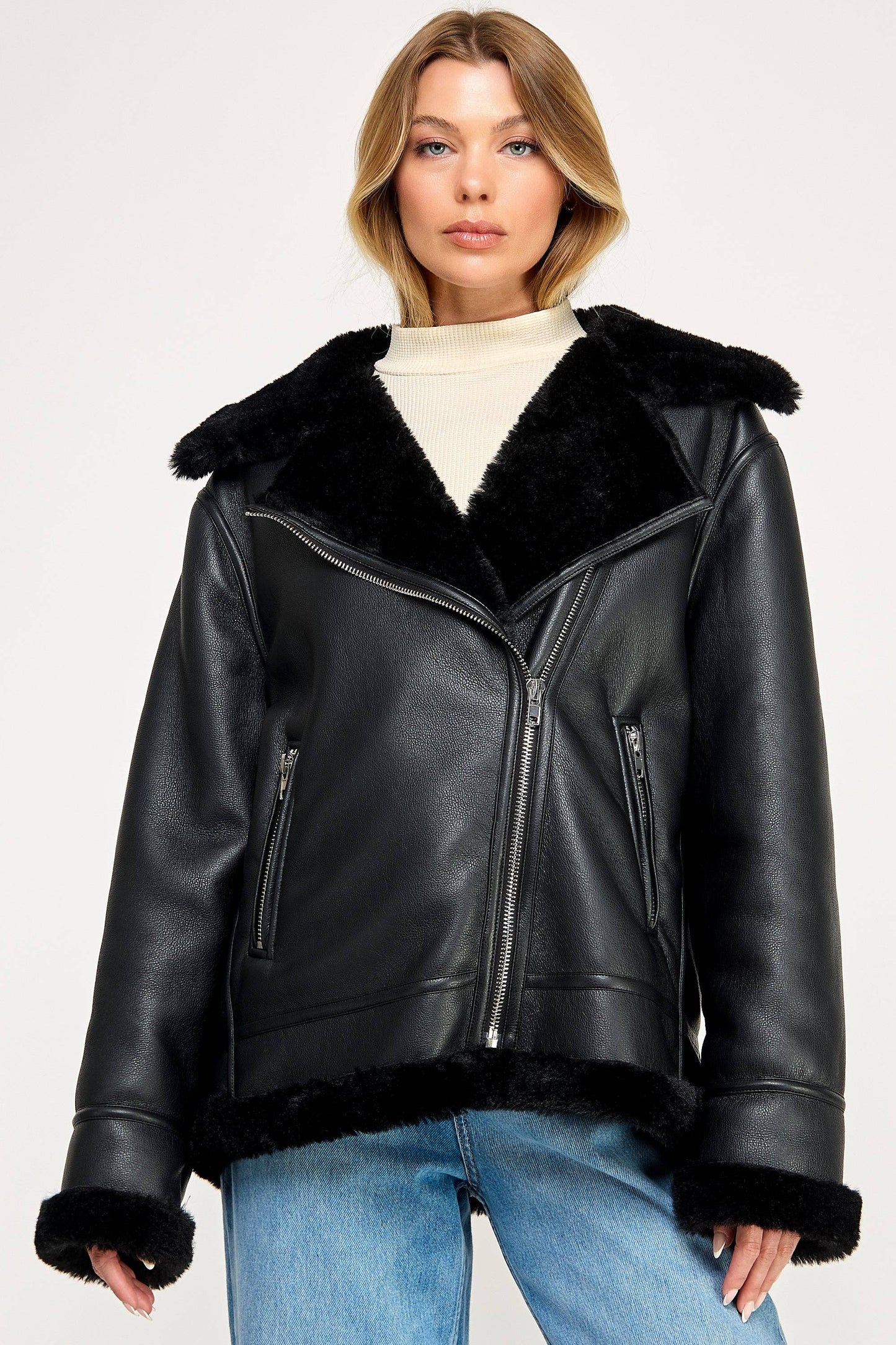 🖤 Liam Pilot Jacket – Oversized Shearling Vegan Leather