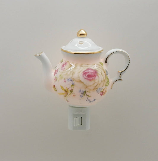 Night Light - White Roses Porcelain Teapot