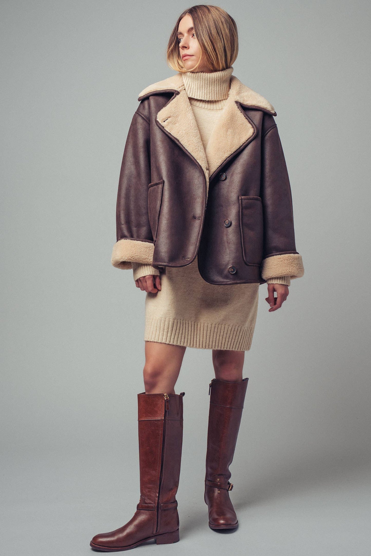 Oversized Aviator Jacket – Faux Leather with Shearling
