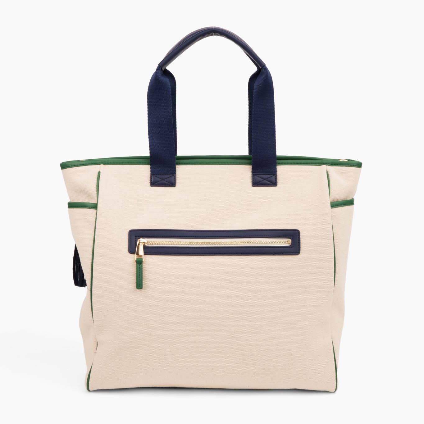 🎾 Trelle “Bestie” Retro Pickleball Tote – Ivory with Navy & Green Stripes