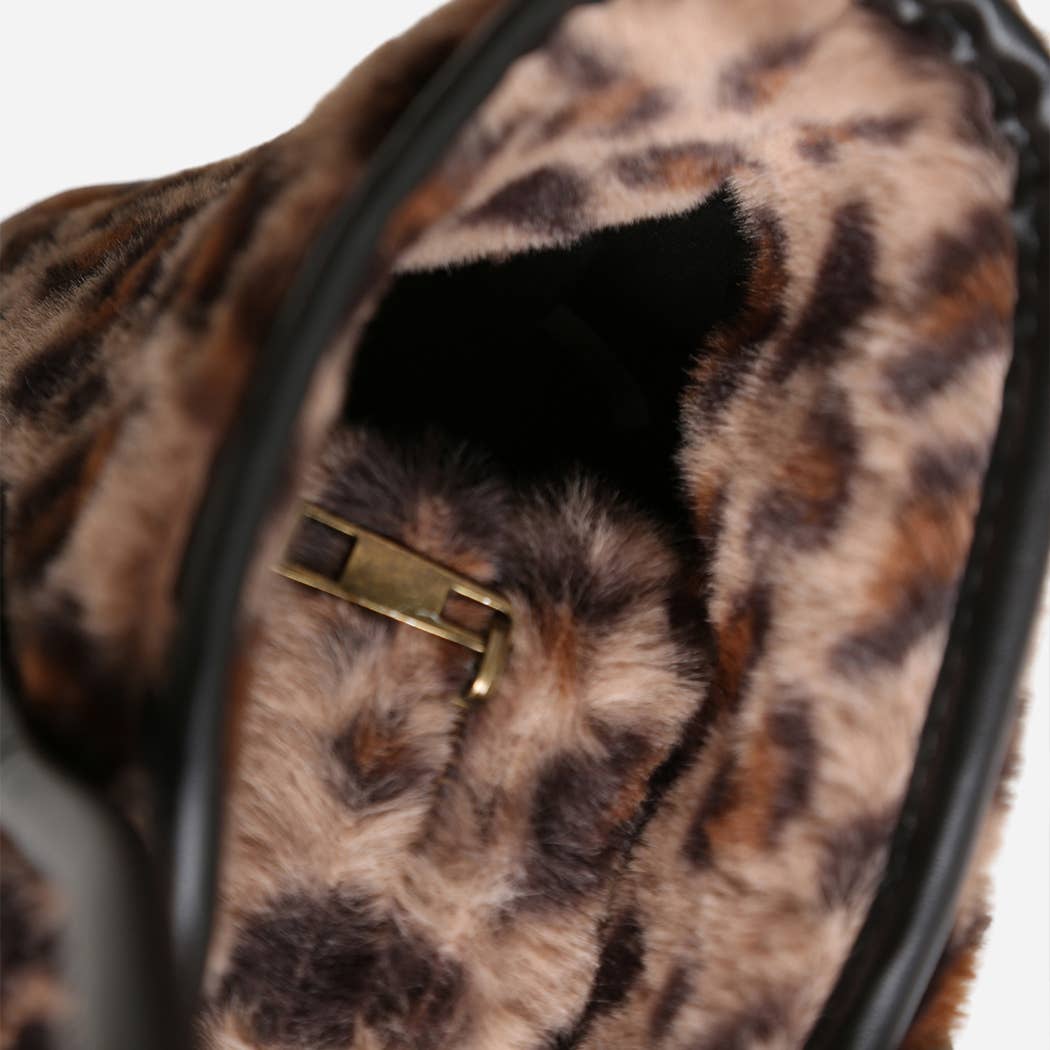 Leopard Pattern Faux Fur Shoulder Tote Bag